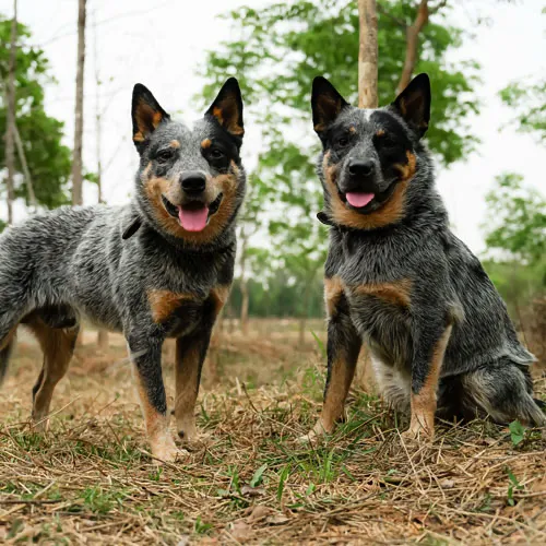 สุนัขพันธุ์ออสเตรเลียนแคตเทิลด็อกสองตัวนั่งข้างกัน มองกล้องอย่างตั้งใจด้วยสีหน้าตื่นตัว